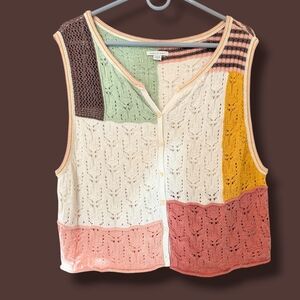 American Eagle Colorful Patchwork Button-Up Open Knit Sweater Vest XL